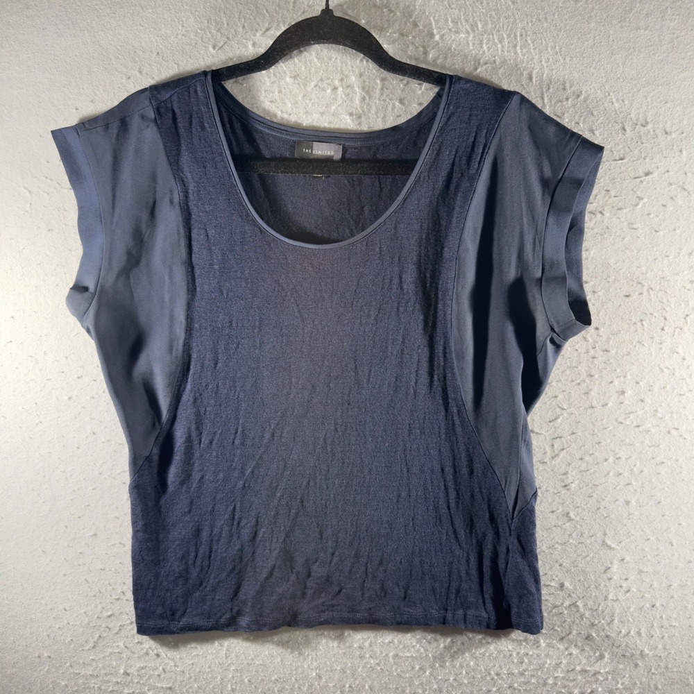 3376 | The Limited Mixed Media Linen Cap Sleeve Scoop Neck Top Navy Women Small